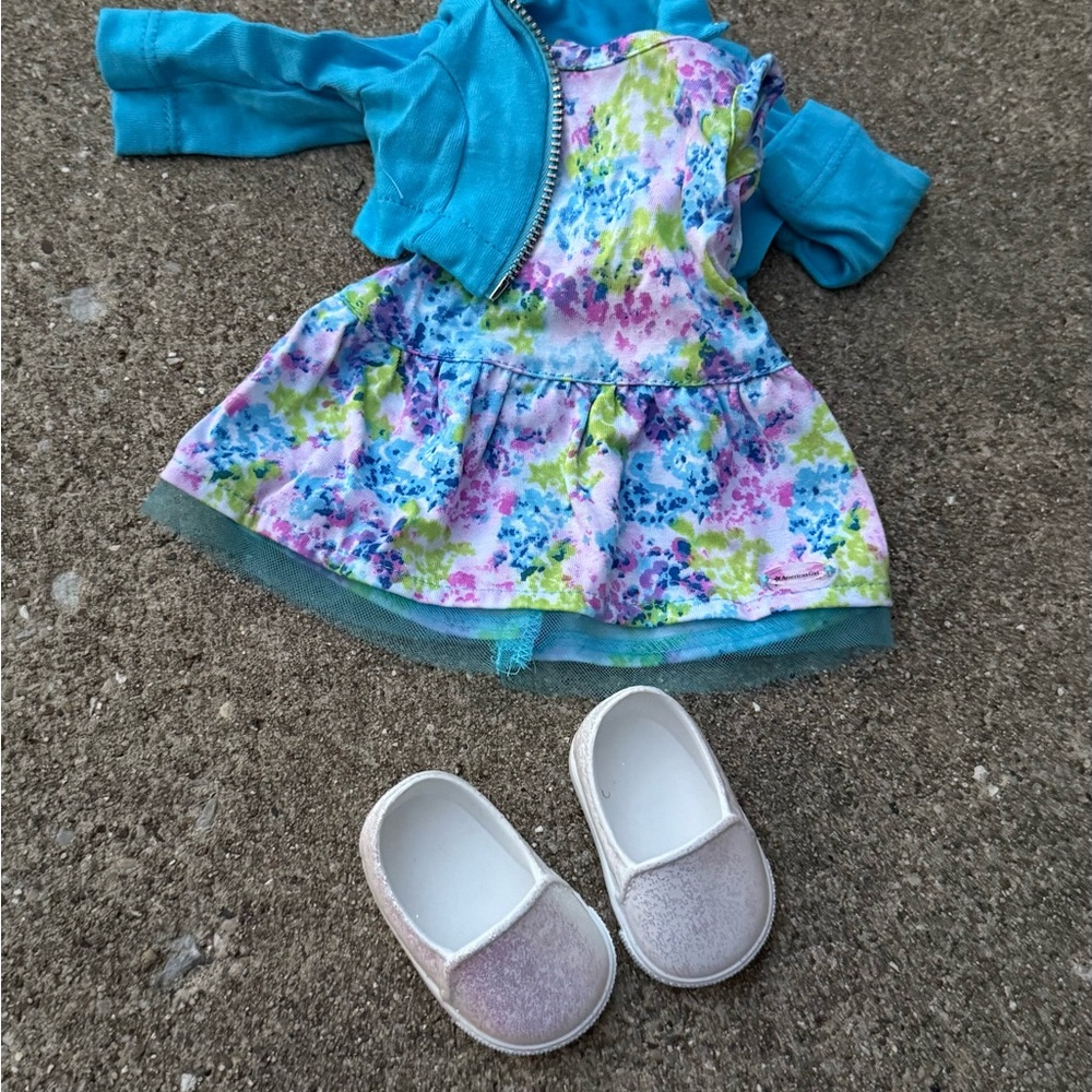 American Girl Teal Jacket and Floral Dress Set with White Shoes